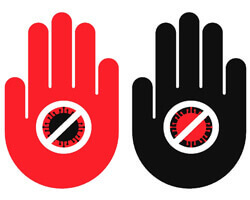 An illustration of two hands -- one red and one black -- with icons of germs crossed out on them.