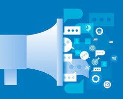 A blue illustration of a megaphone with many communication or announcement icons coming out of it.