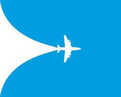 An illustration of a blue sky with a white airplane creating a white triangle of movement.