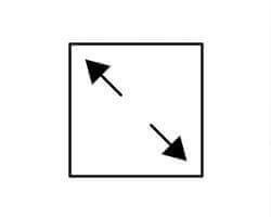 A simple black-and-white line illustration showing two diagonal arrows pointing to opposite corners of a square. 