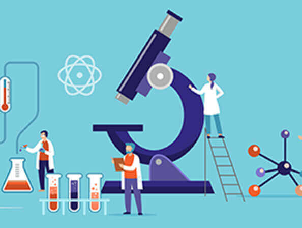 Illustration of a microscope and lab work. 
