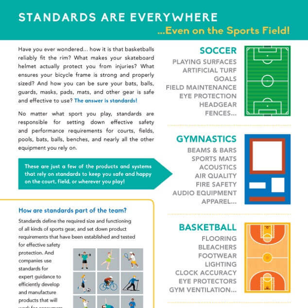 A graphical flyer with illustrations of various sports equipment and text explaining where relevant standards support of safety and function. 
