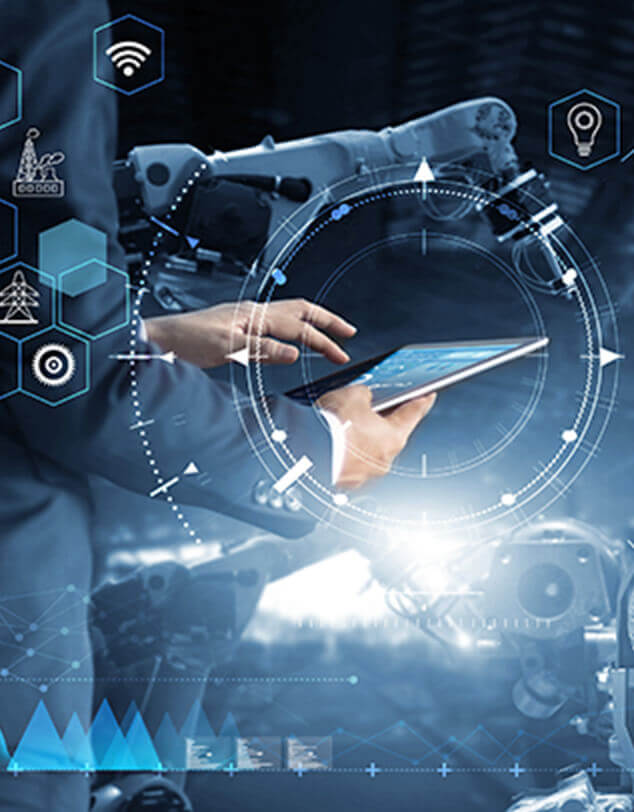 A compilation of modern technology images including robotics, AI, and digitalization. 