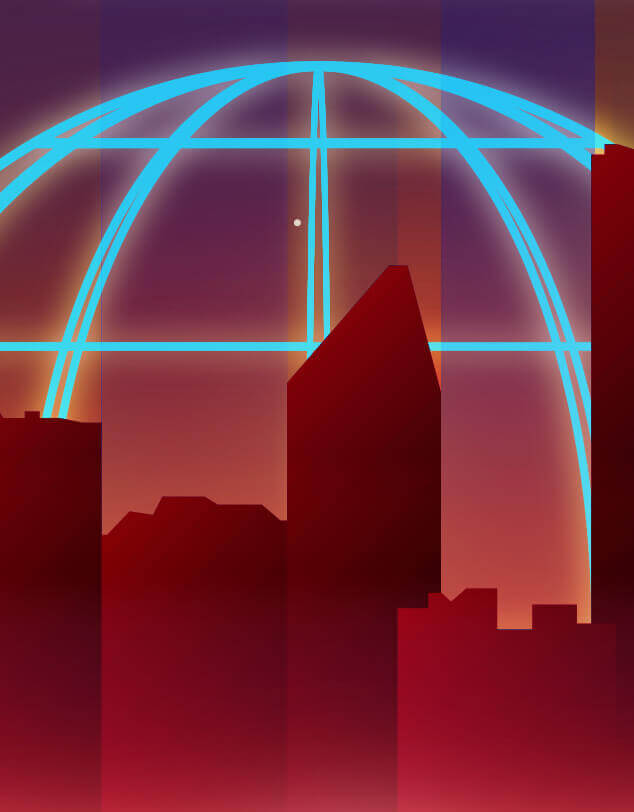 An abstract image of a city silhouette against a neon globe icon, indicating the 1980s time period. 