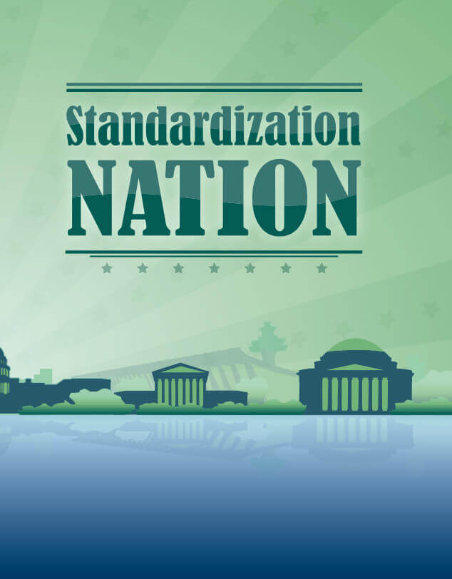 An illustration depicting Washington, DC, with the words "Standardsization Nation" above it, indicating the 2000s time period. 