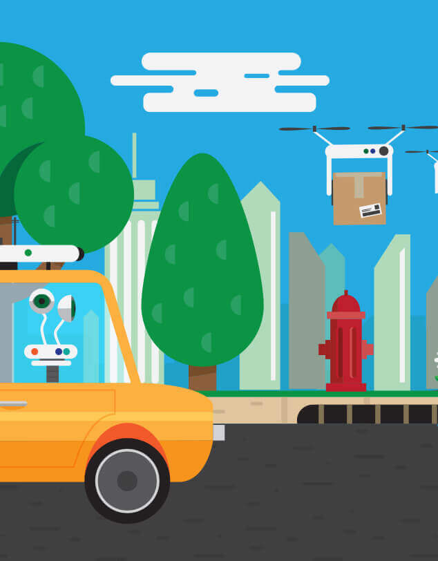 An illustration of a "smart city" with autonomous vehicles, indicating the 2010s time period. 