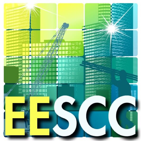The logo for ANSI's EESCC activity, featuring abstract colorful buildings, construction images, and energy. 