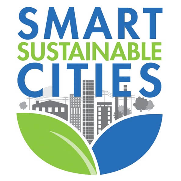 The logo for ANSI's Smart Sustainable Cities program, featuring an illustration of leaves with a modern city emerging. 