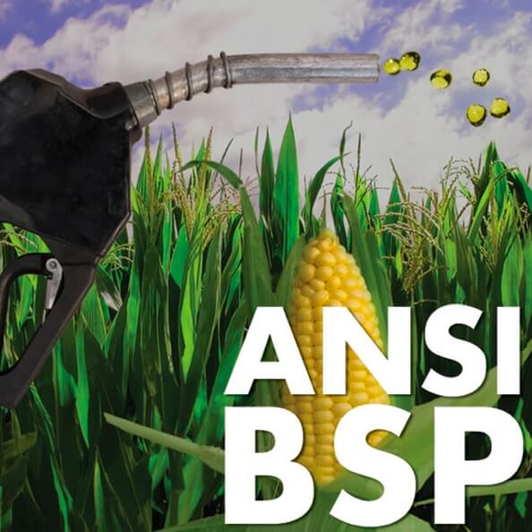 ANSI BSP logo featuring a biofuel nozzle dispenser and a corn field. 