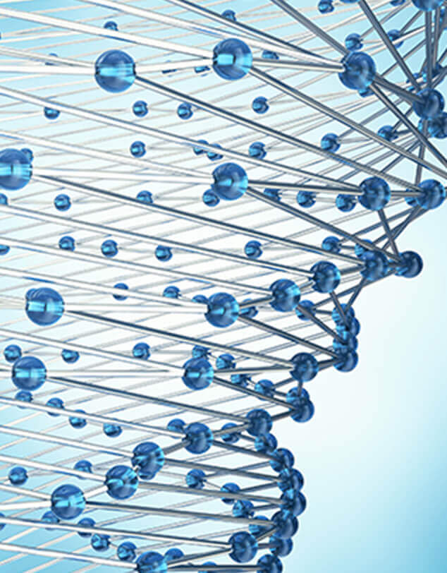 Microscopic nano-particles in a spiral mesh with spheres, magnified. 