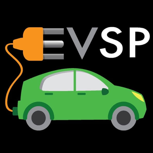 A logo of ANSI EVSP showing a green electric vehicle on a black background.