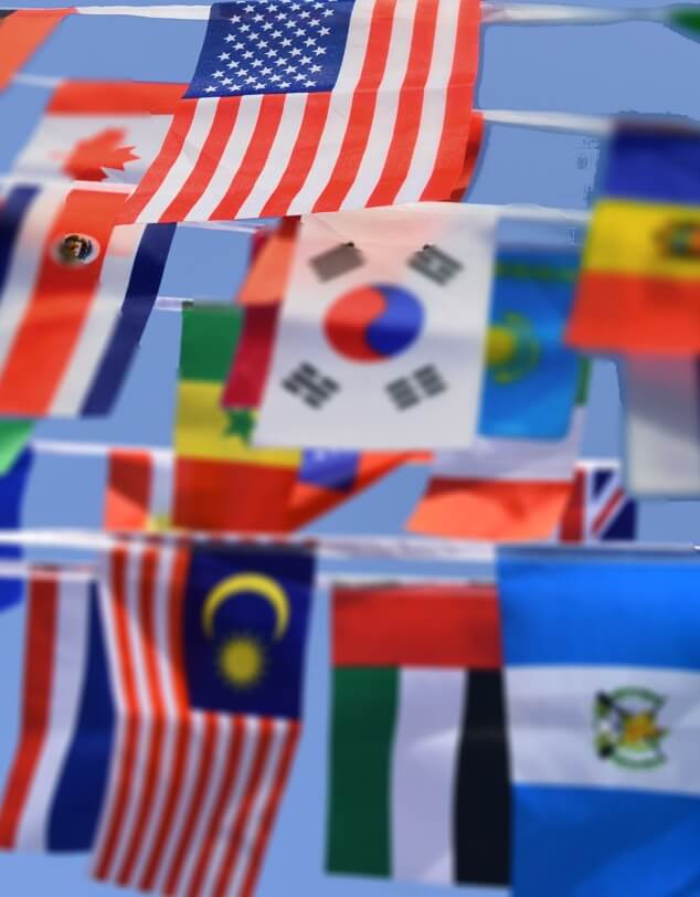 The flags of about 10 countries including Korea and the United States against a blue background.