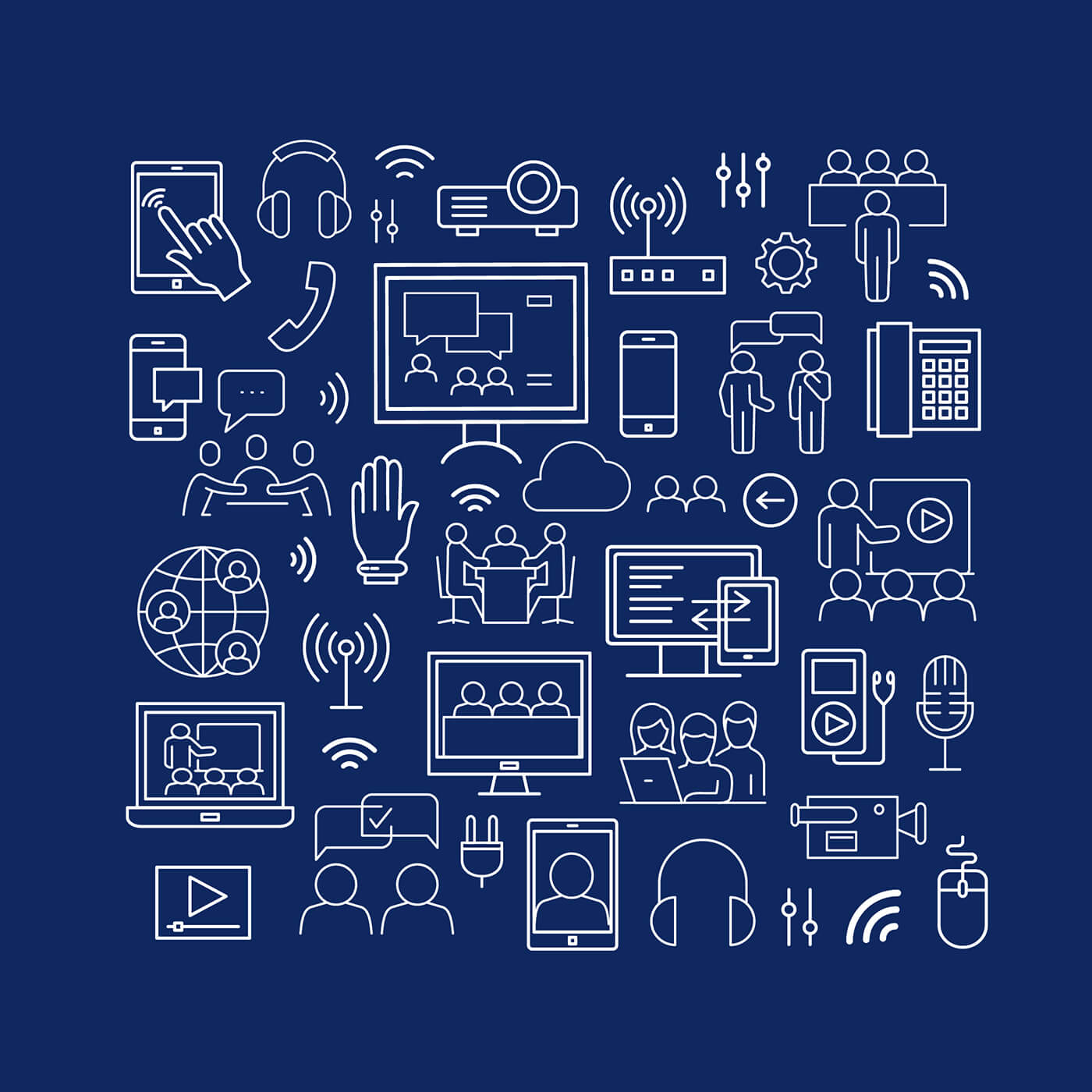 White outline icons of virtual meetings on a dark blue background