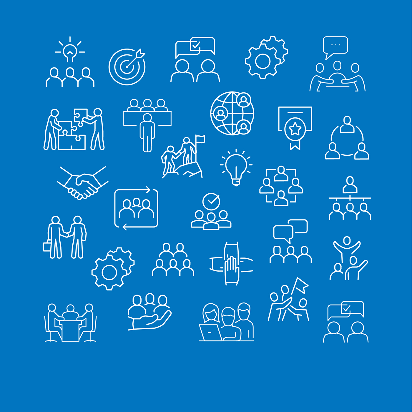 White icons representing the workforce on a bright blue background. 