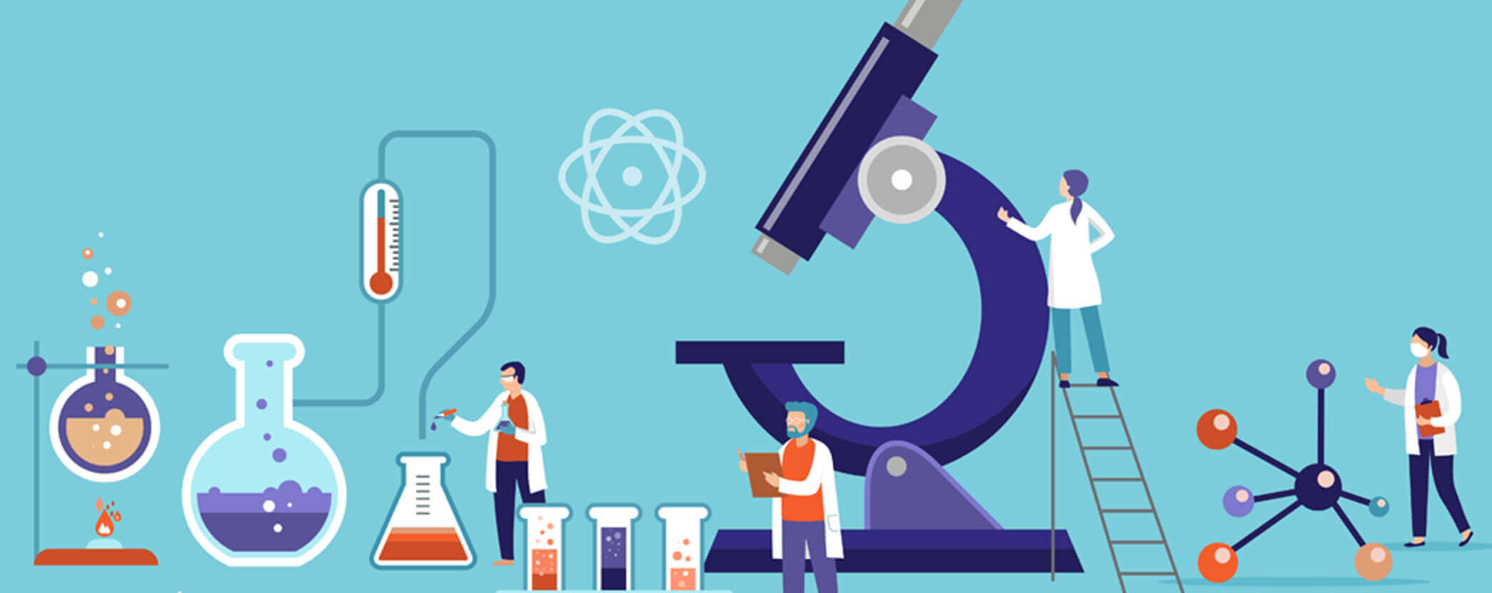 illustration of scientist working next to oversized lab equipment